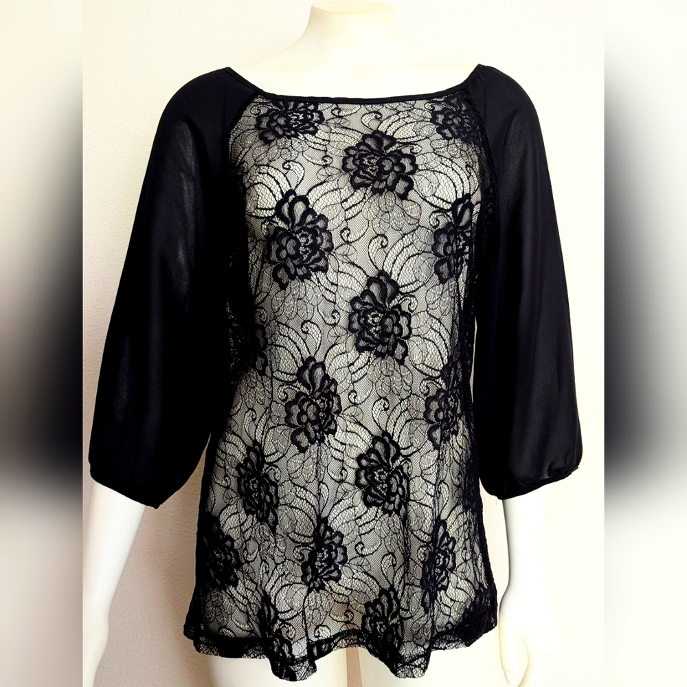 Romy Women's Black Lace Sheer 3/4 Sleeve Blouse